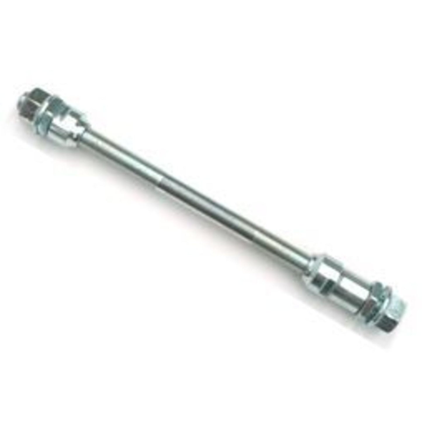 Rear axle measuring 3/8" x 26T x 185mm, complete with cone and nut.