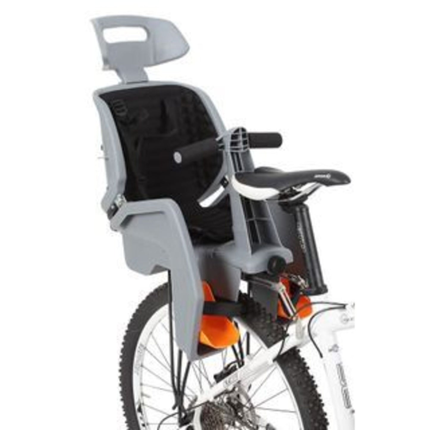 Beto Deluxe Baby Seat in Grey for 27.5 Disc Bikes, featuring a 3-Point Harness and Rack.