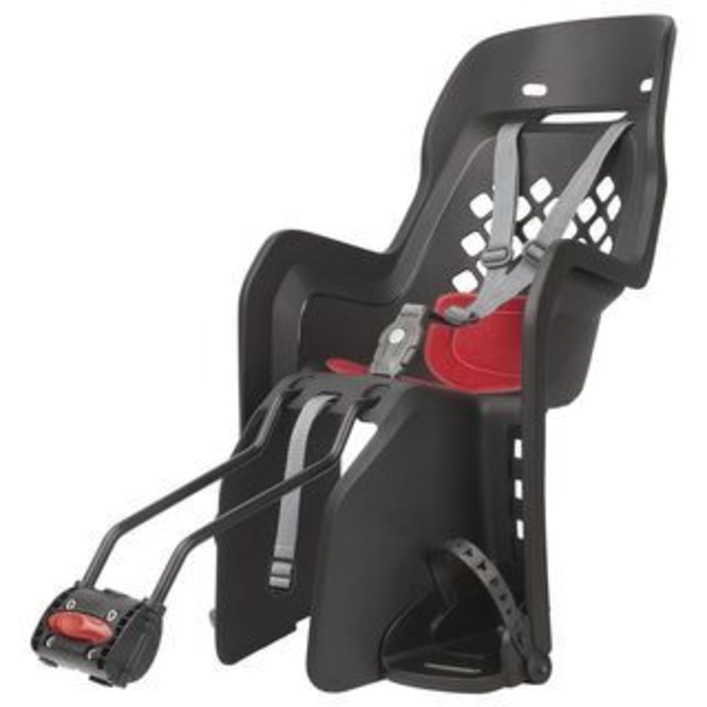 Polisport JOY Baby Seat - Quick Release Frame Mount, suitable for 29" and small frames, featuring enhanced ventilation, in dark grey.