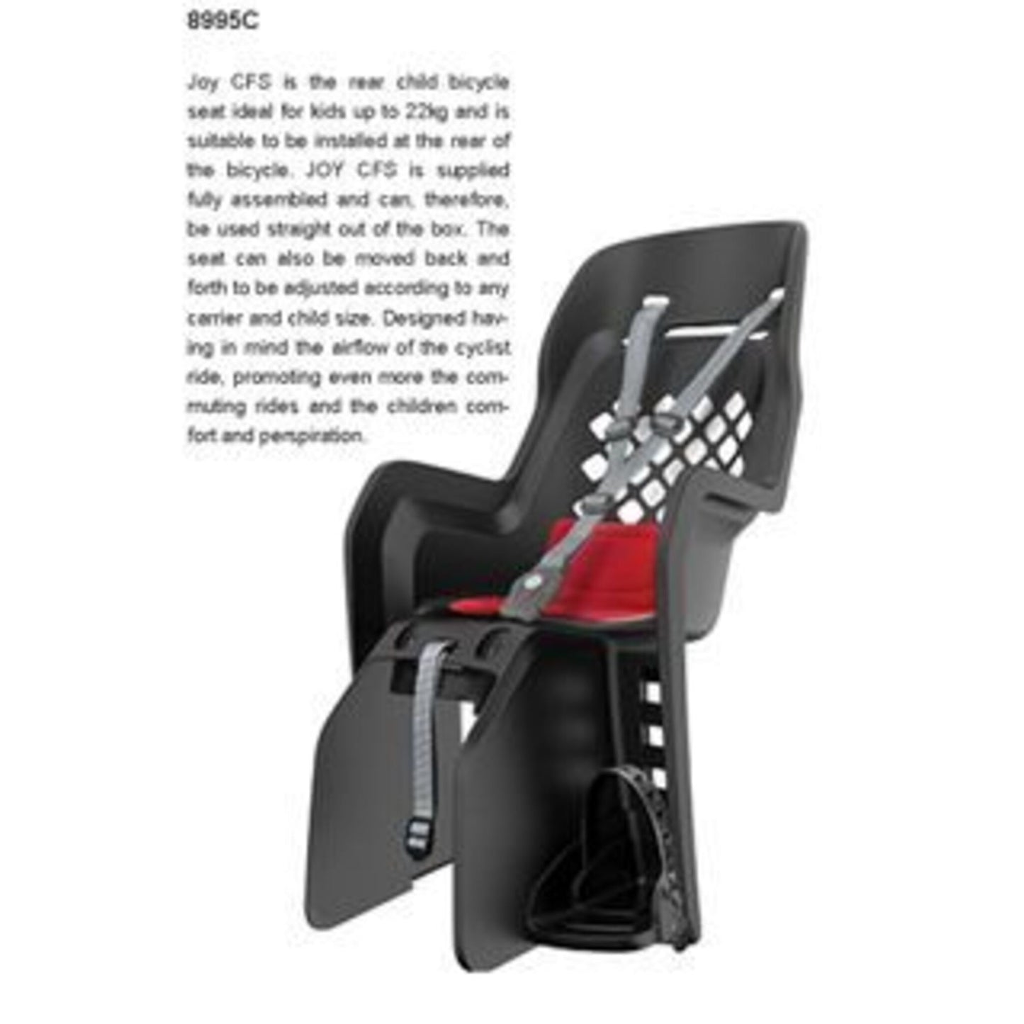Polisport JOY Baby Seat featuring Rack Mounting and Enhanced Ventilation in Dark Grey.