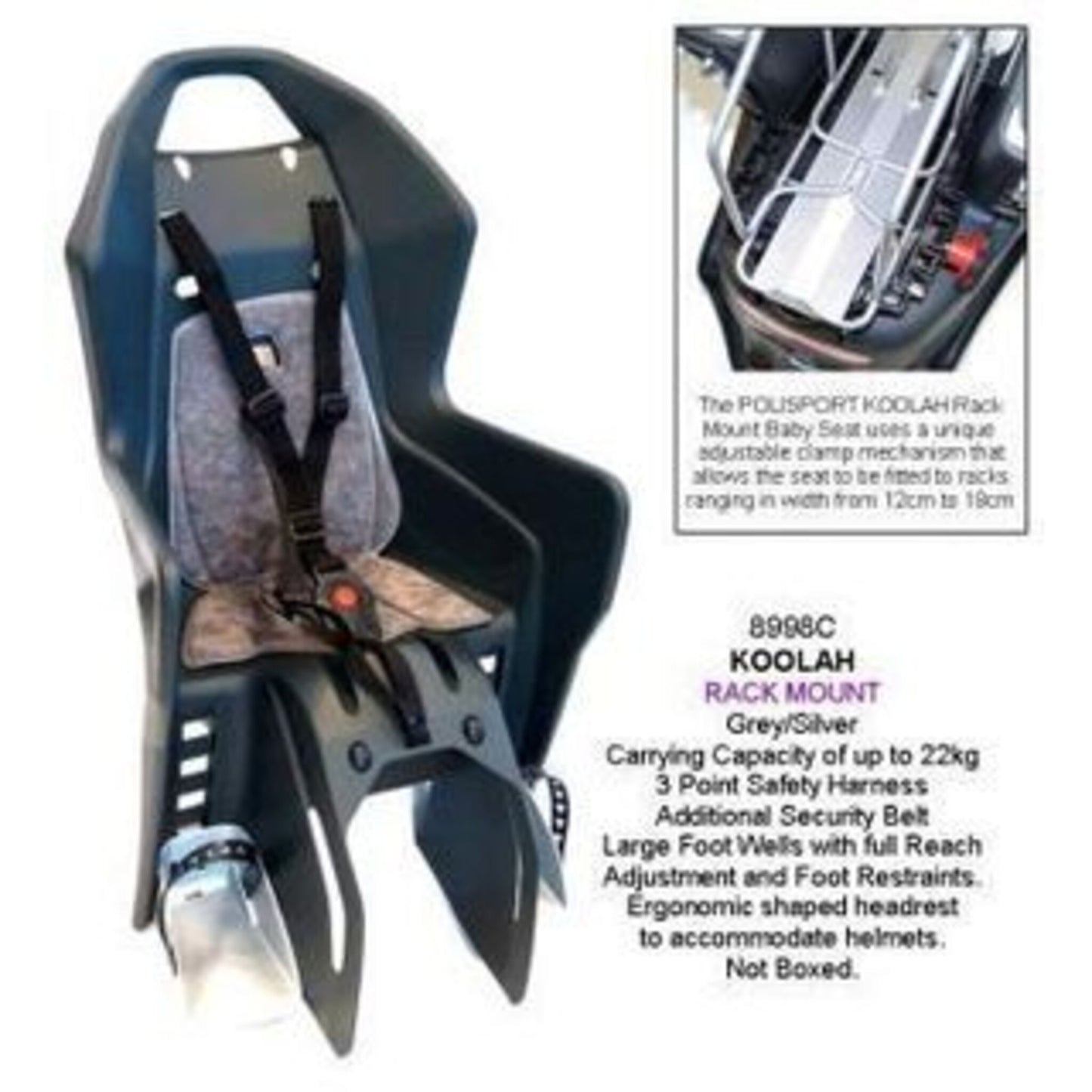 Polisport Koolah Baby Seat - Rack-Mounted with a 3-Point Safety Harness (maximum weight 22kg)