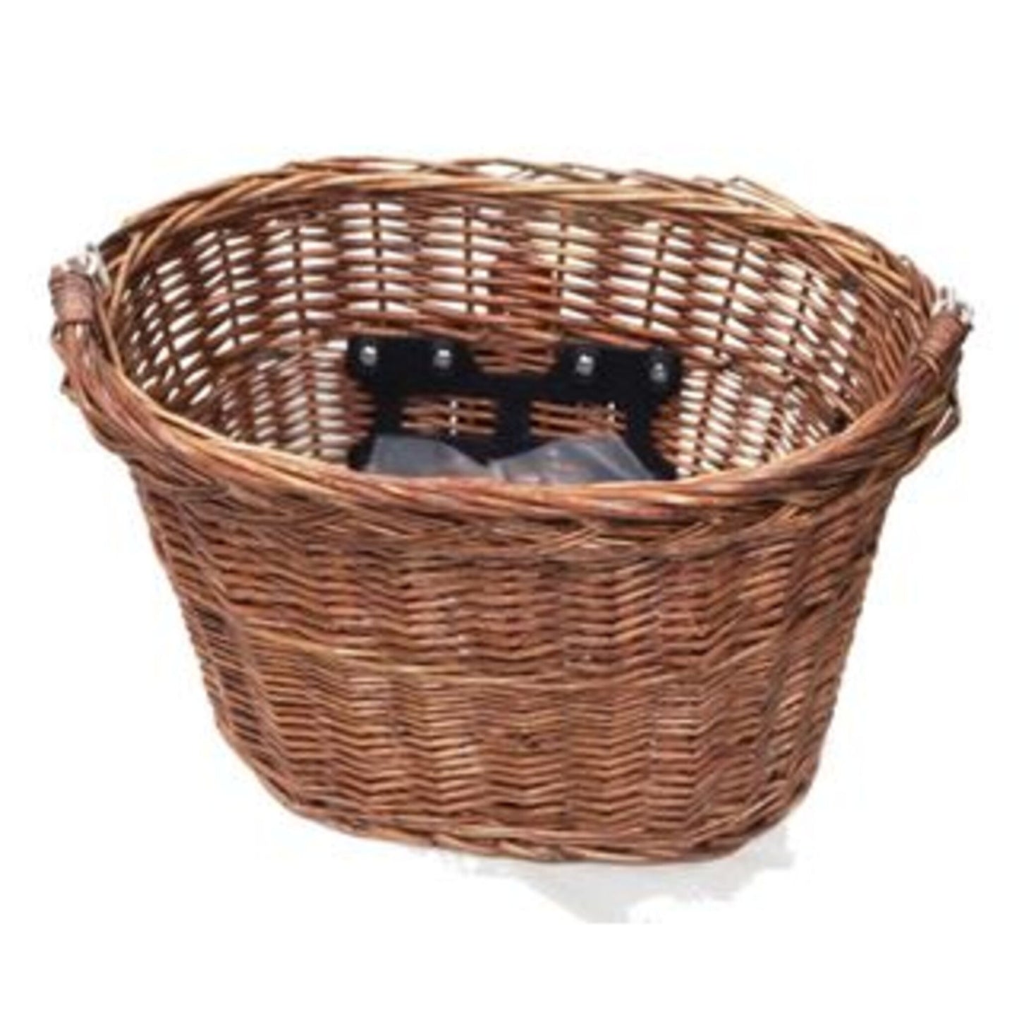 Wicker front basket featuring a quick-release mechanism and handle, measuring 350mm x 260mm x 220mm.