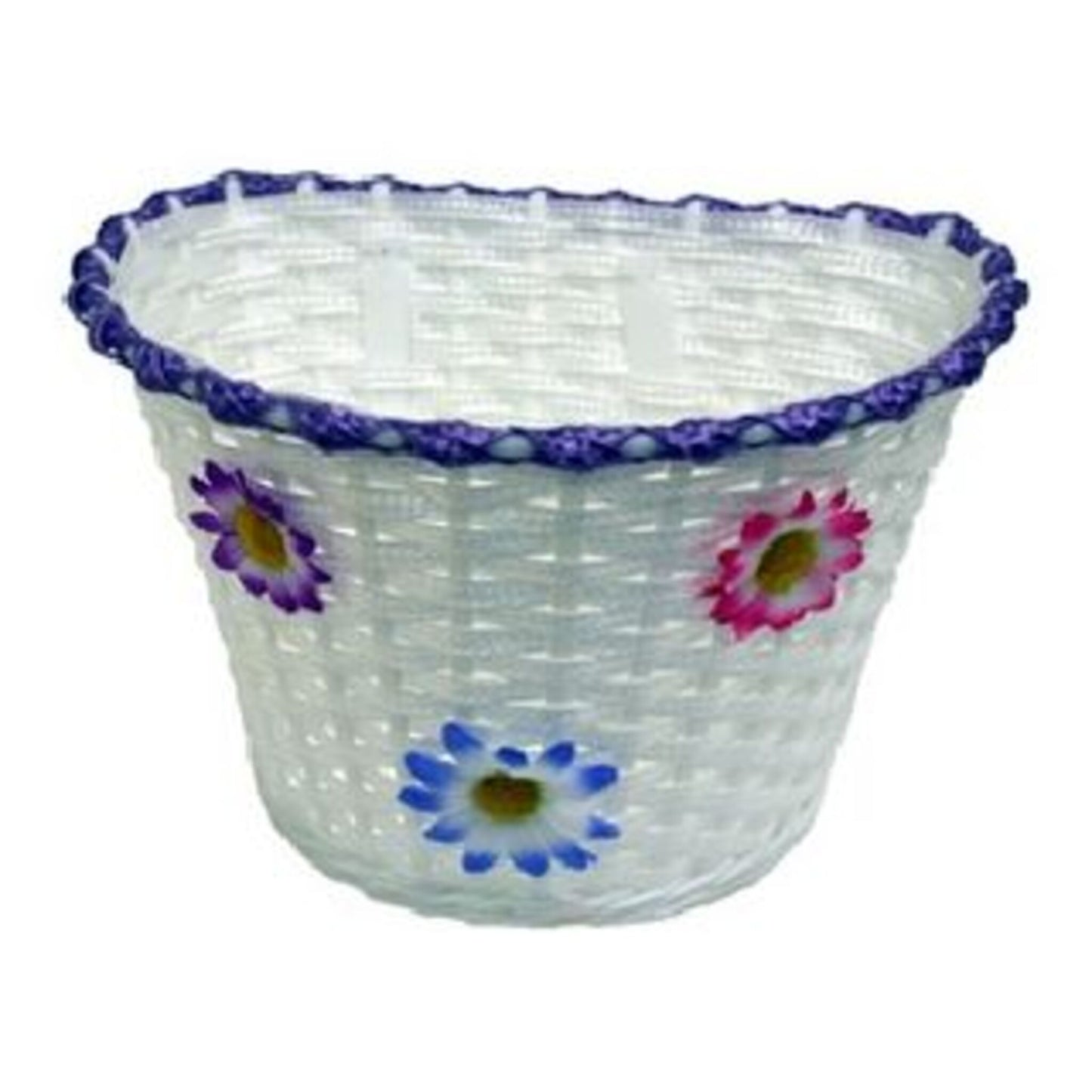 Flinger Kids White Woven Bike Basket featuring Lilac/Purple Stripes and Flowers, suitable for 12-16" Bikes.
