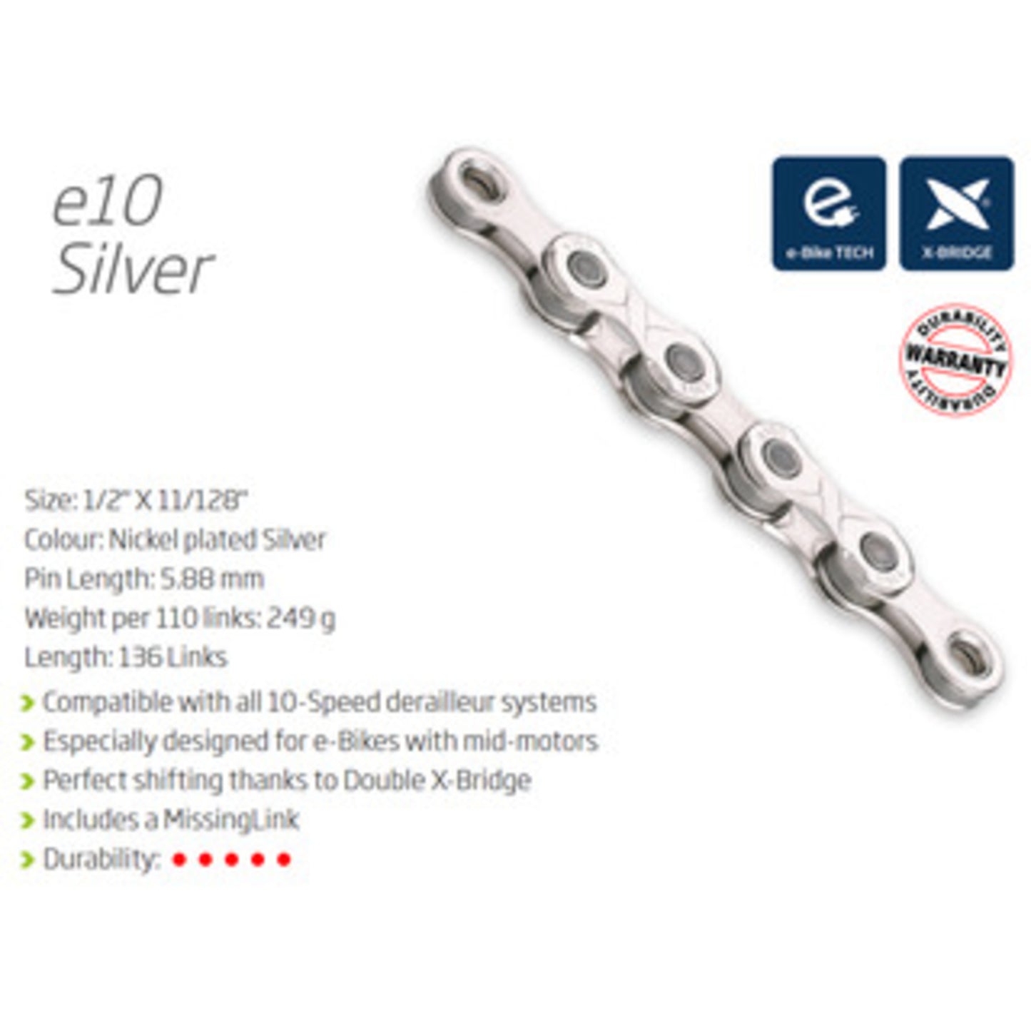 KMC E10 10-Speed Chain for Electric Bikes - Extended Length