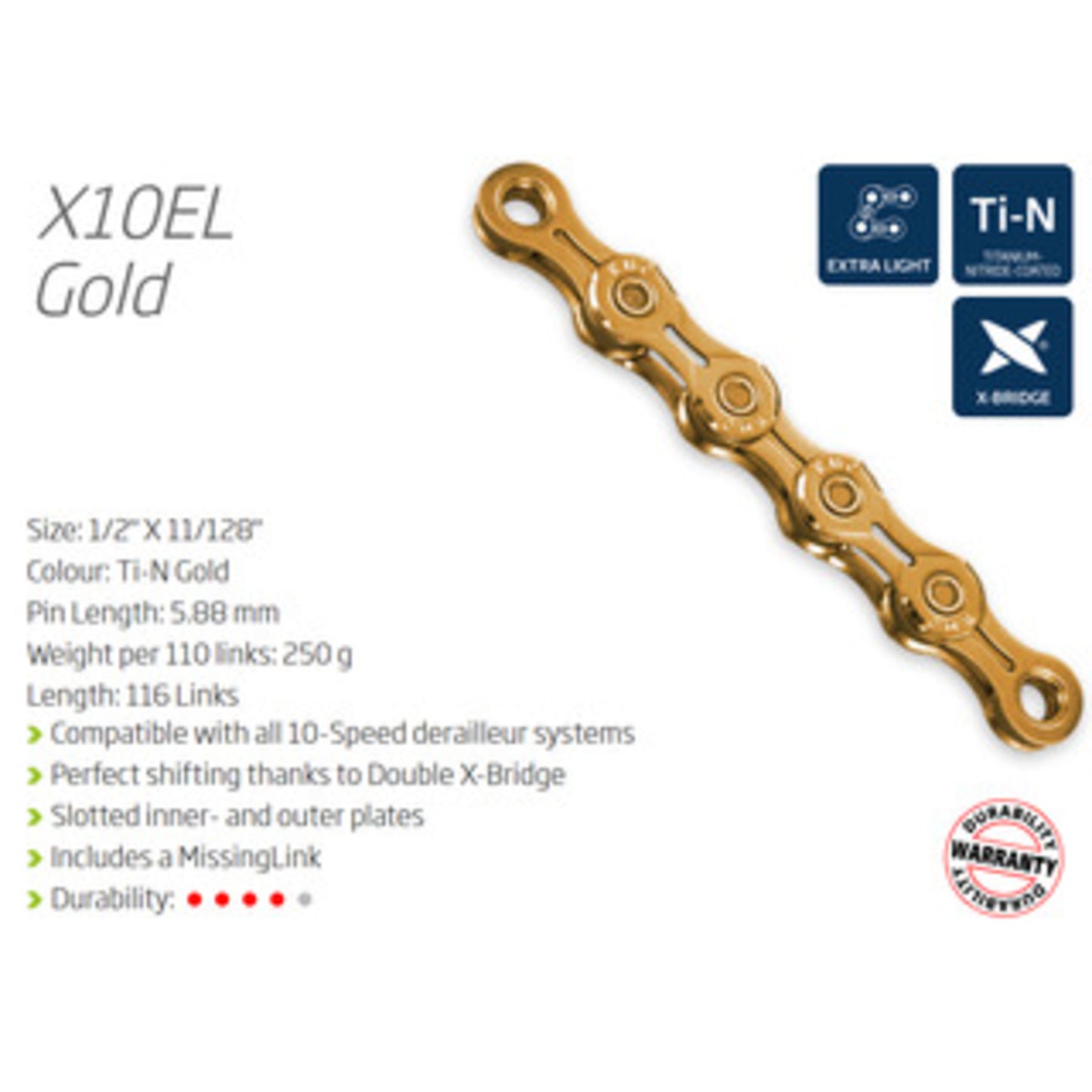 KMC X10EL 10-Speed Chain - Ti-N Gold - X-Light Edition