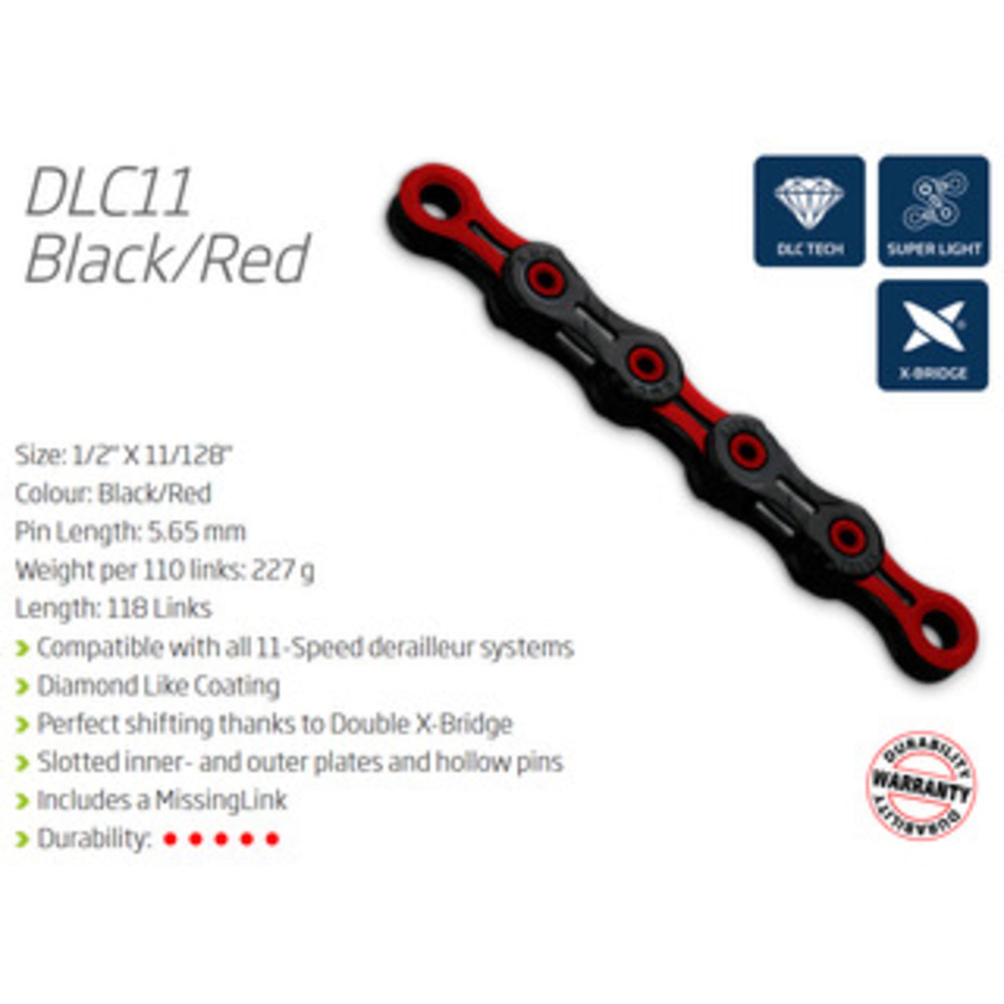 KMC DLC11SL 11-Speed Chain - Red and Black - Diamond Tough