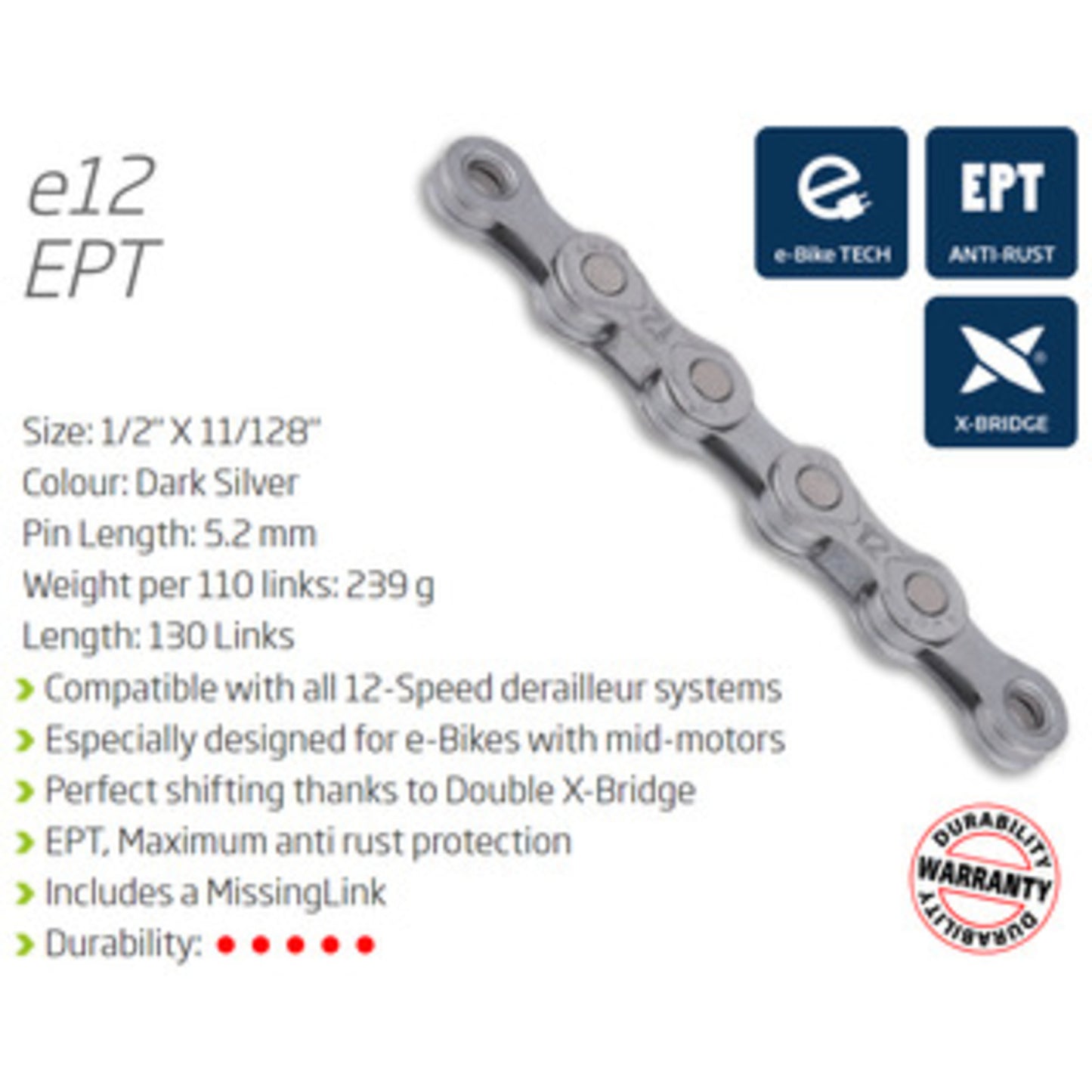 KMC E12 EPT 12-Speed Chain designed for Electric Bikes