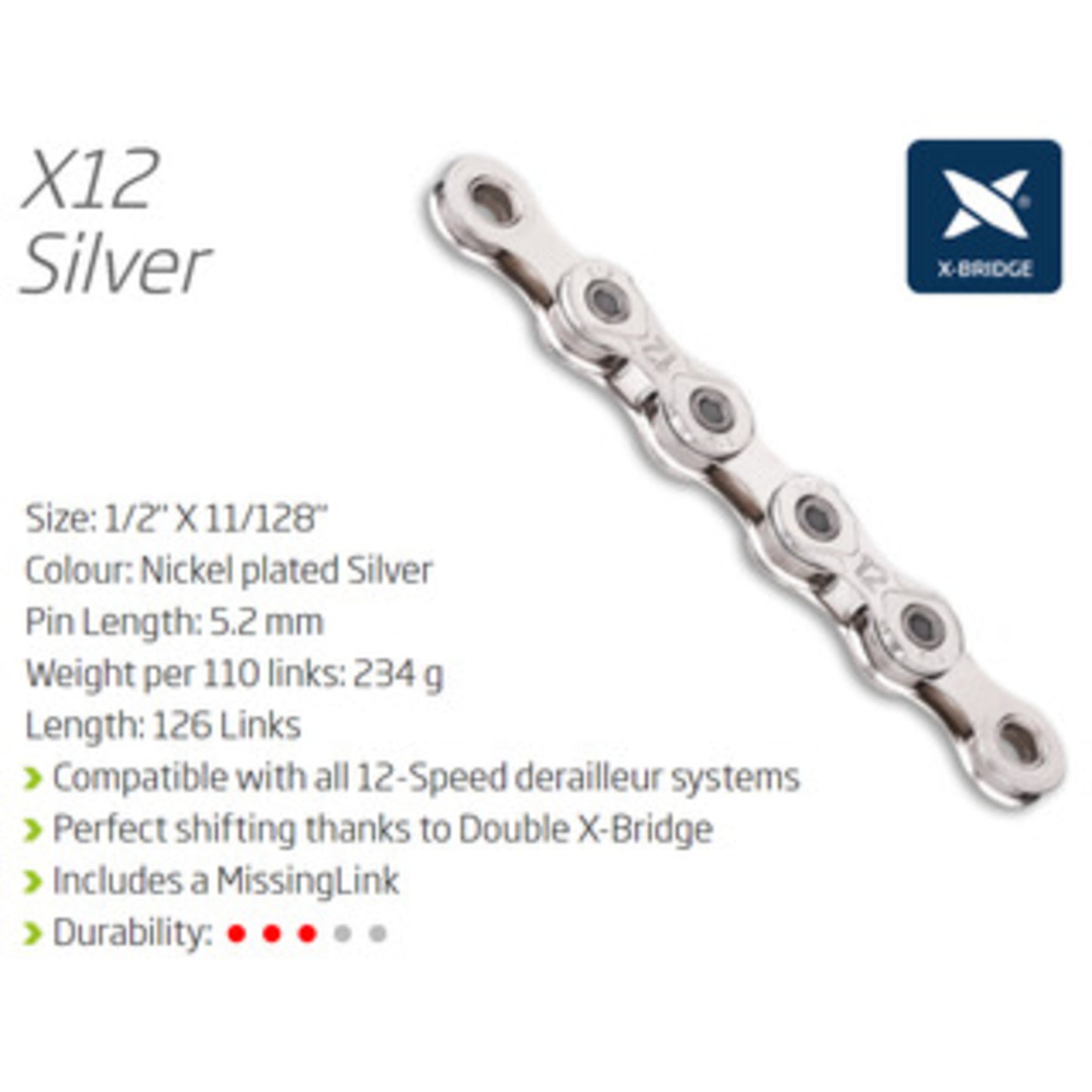 KMC X12 12-Speed Chain - 126 Links, Silver with Connect Link