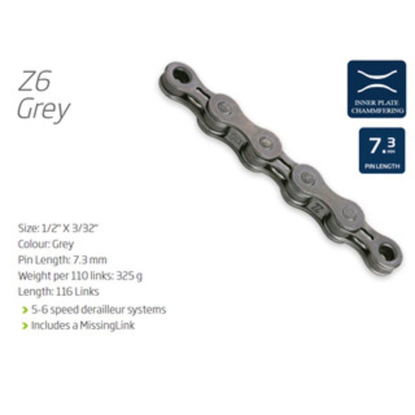 KMC Z6 116L Chain for 5 to 7 Speed Bicycles - Gray with Connection Link