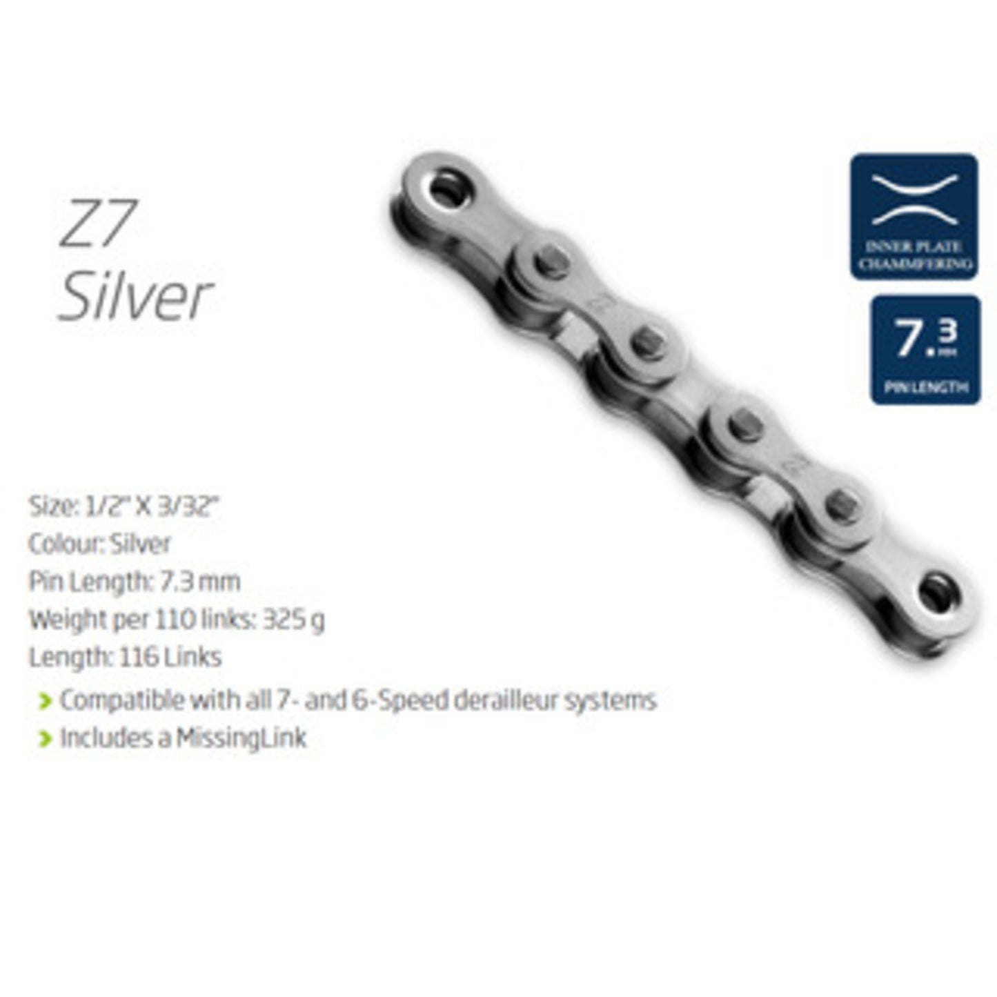 KMC Z7 Silver Chain for 6-8 Speeds - 116 Links