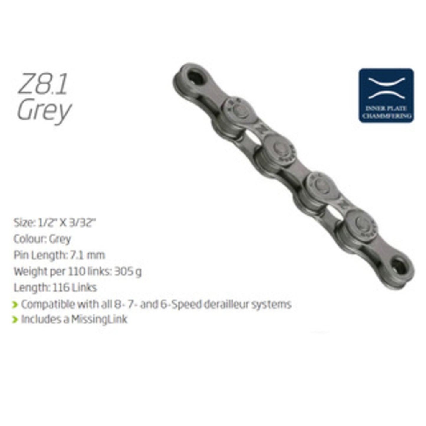 KMC Z8.1 Chain - Compatible with 6 to 8 Speeds - Gray