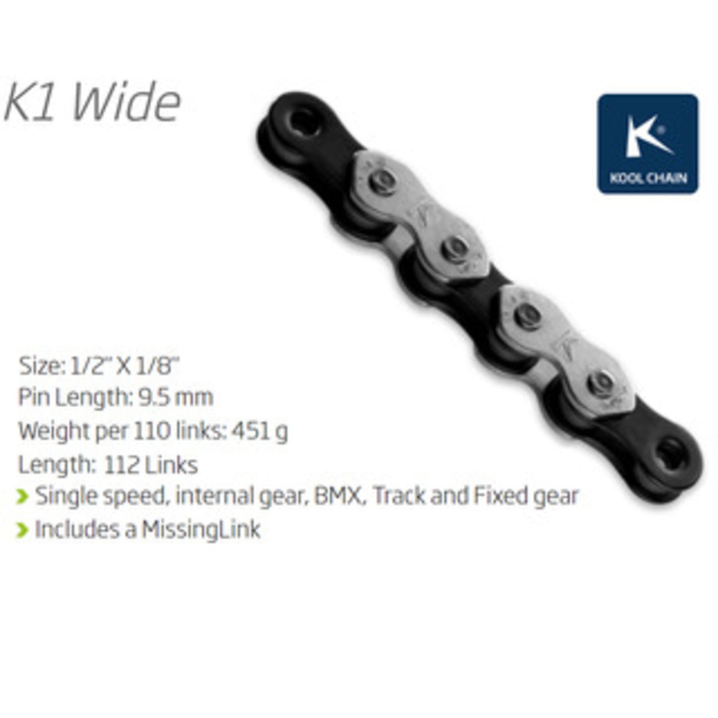 KMC K1 Wide Single Speed Chain - 112 Links, Silver and Black.