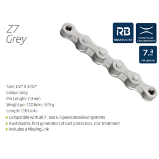 KMC Z7 Chain - Compatible with 6-8 Speeds, 116 Links, Rust Resistant, Grey