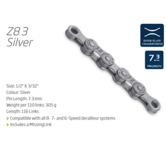 KMC Z8.3 Chain for 6-8 Speed Bicycles - 116 Links, Silver with Connect Link