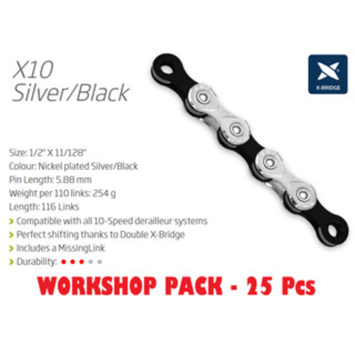 KMC X10 10-Speed Chain Workshop Kit featuring 25 Chains and a Connecting Link.
