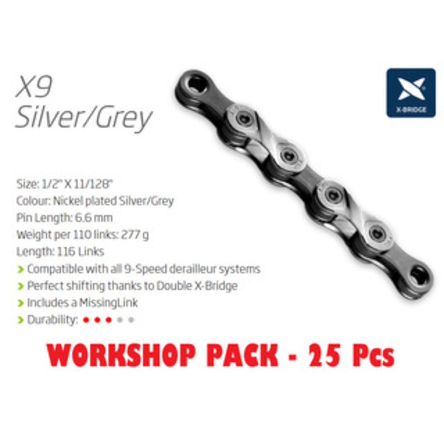 KMC X9 9-Speed Chain Workshop Kit featuring 25 Chains and a Connecting Link - Silver/Grey.