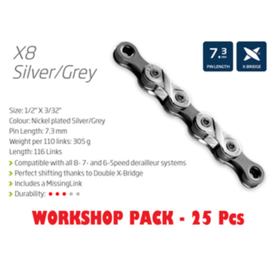 KMC X8.93 Chain Workshop Box - Compatible with 6-8 Speed, 116 Links, Silver/Grey, Includes 25 Chains and Connection Link.