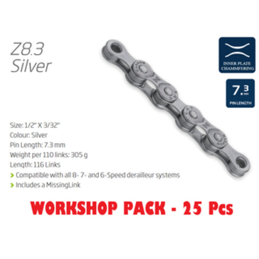 KMC Z8.3 Chain Workshop Box - 6-8 Speed, 116 Links, Silver, includes Connect Link and 25 Chains.
