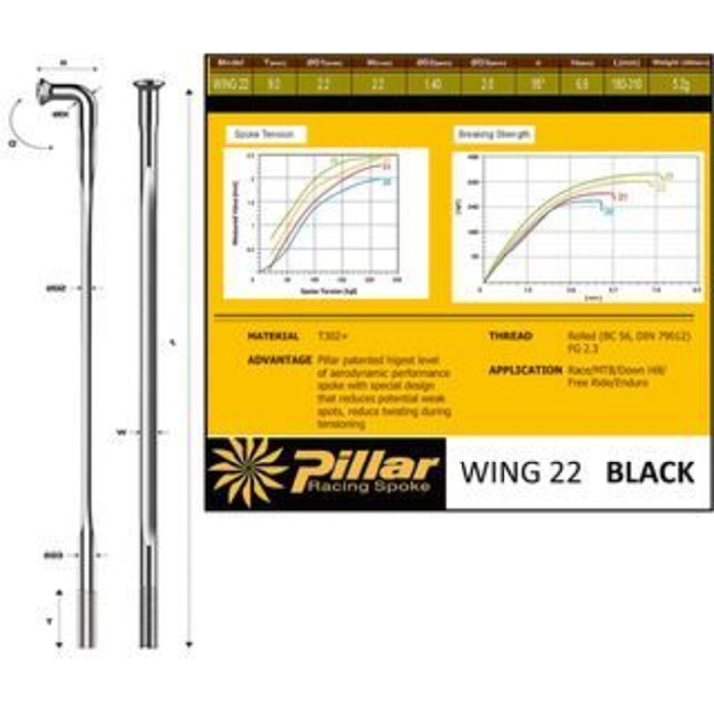Pillar AERO Spoke PSR WING22 - 14g Stainless Steel, Black, 289mm