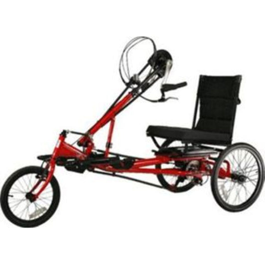 Gomier Rehatri Recumbent Handcycle Trike with a 16" front wheel and 20" rear wheel, in red, featuring 7 speeds.