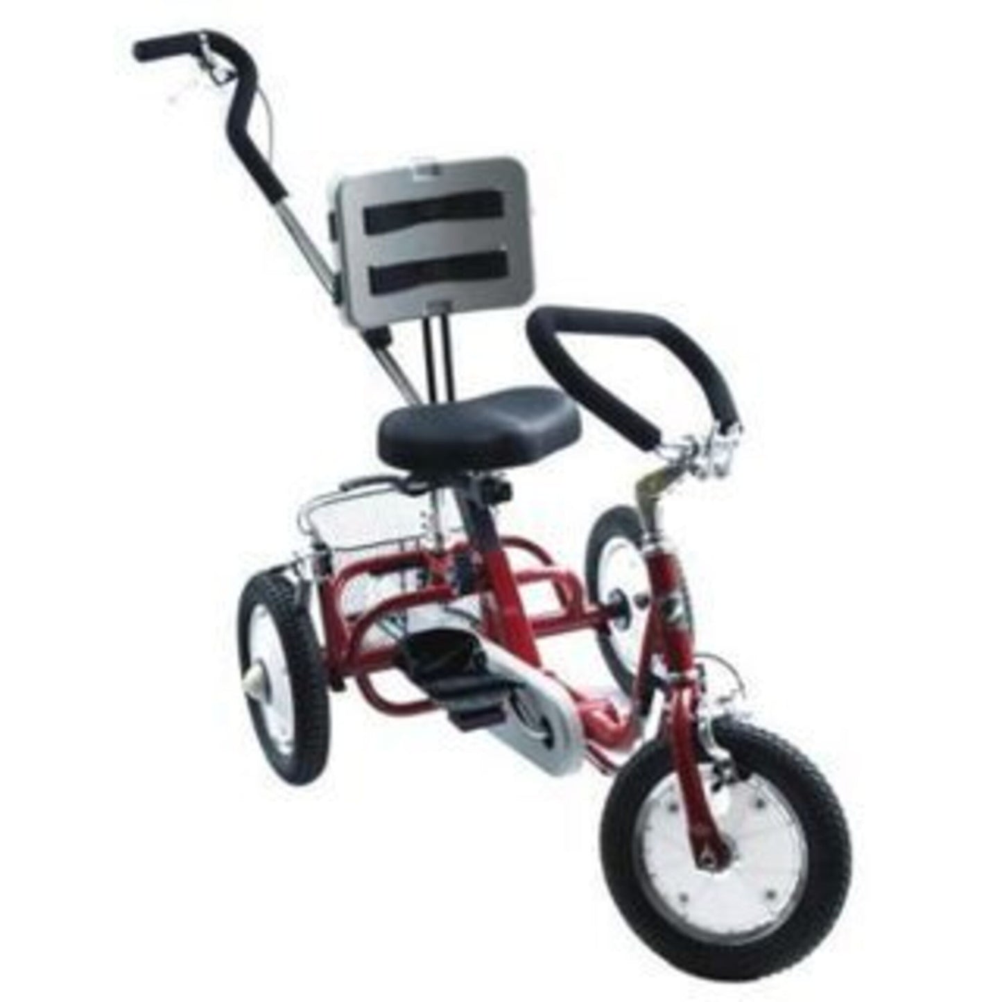 Gomier Rehatri Trike with 12" front and rear wheels, in red, featuring rear steering control.