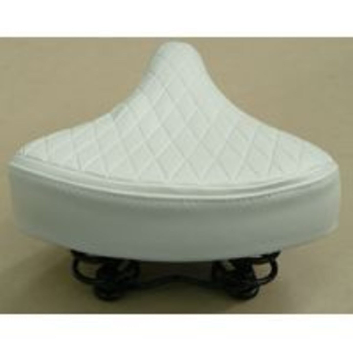 Retro Ladies Saddle with a vinyl quilted top, dual coil springs, in white, measuring 250mm x 190mm.