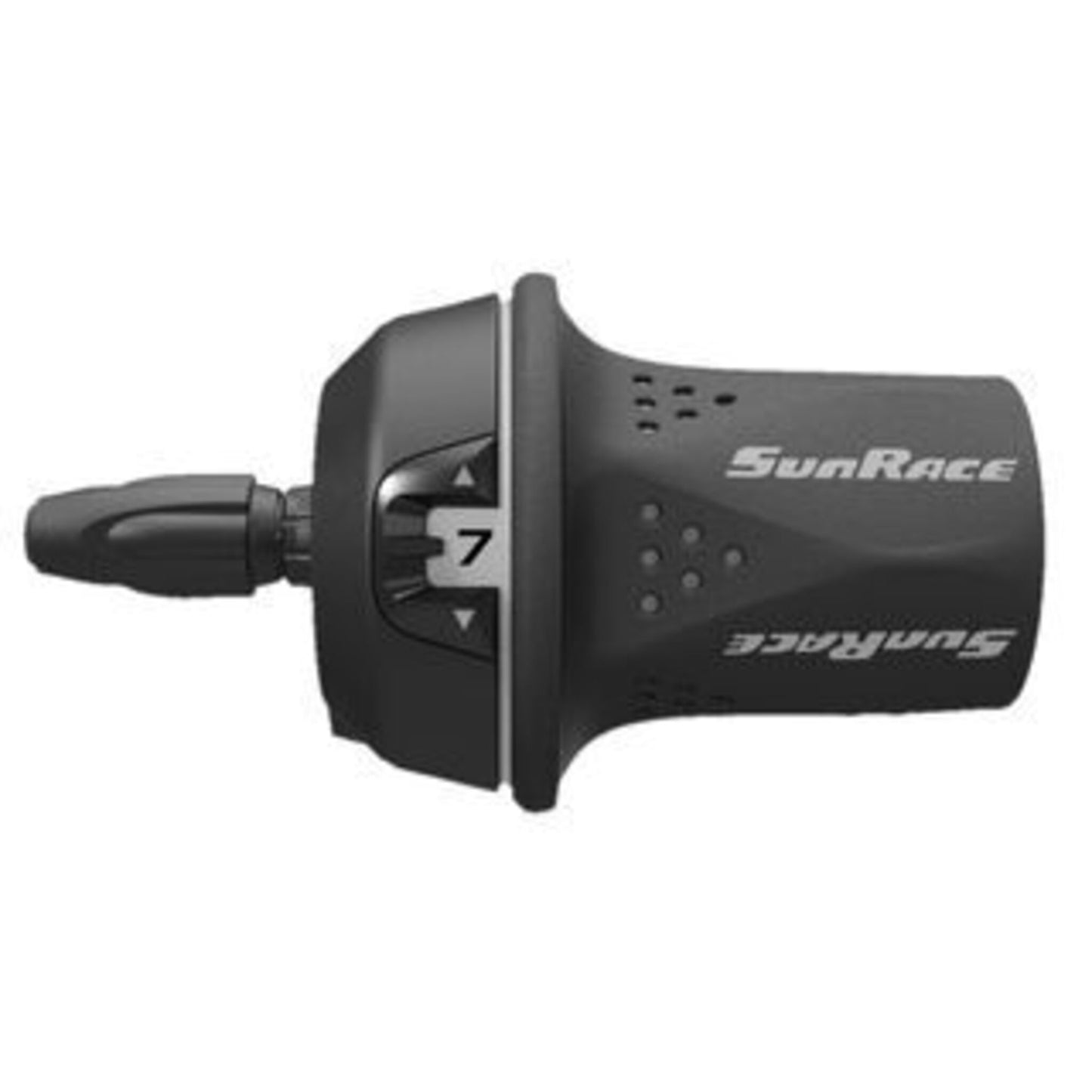 Gray Sunrace 7-Speed Twist Shifter for the Right Side with Internal Cable.