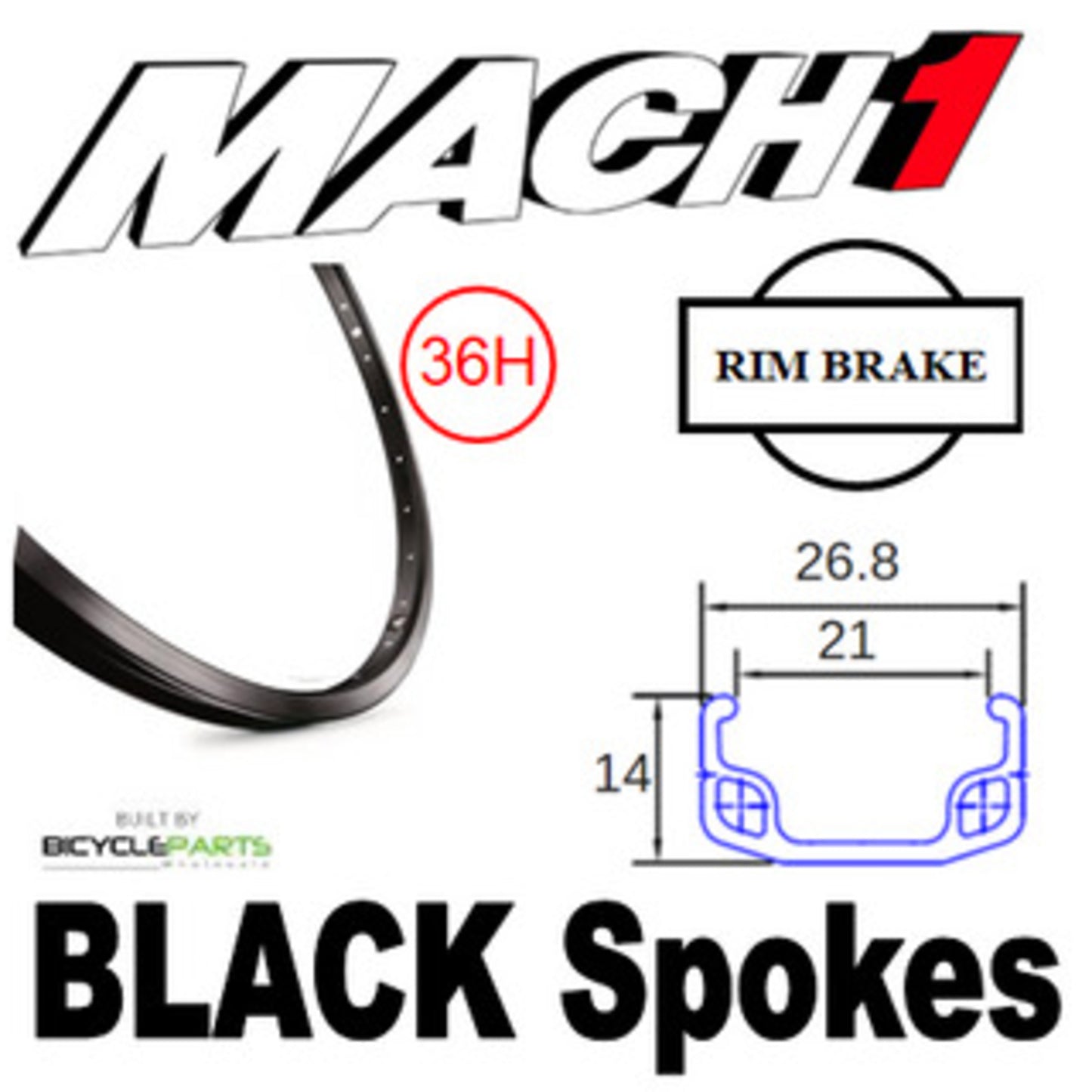 Mach1 26" Front Wheel Quick Release, 36H, Black and Silver.