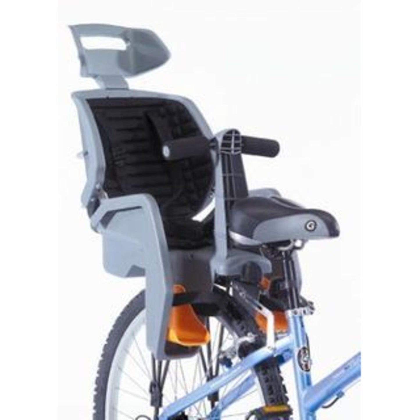 Beto Deluxe Baby Seat for 26-inch Bicycles - Grey, featuring a 3-point harness and a black rack.