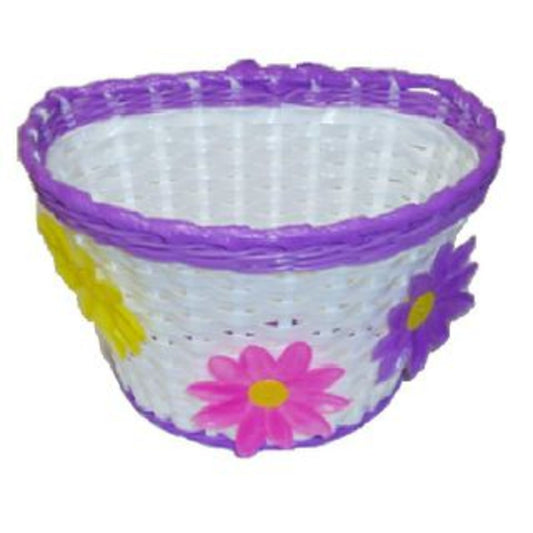 Children's Front Basket - White with Purple Stripes and Floral Design.