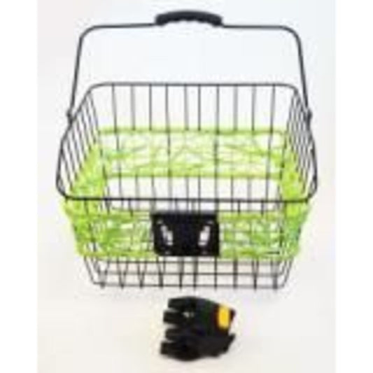 BASKET - Front, Multifit Quick Release Bracket, Featuring a Carry Handle, Black with Green, Dimensions: 36cm x 30cm x 22cm.