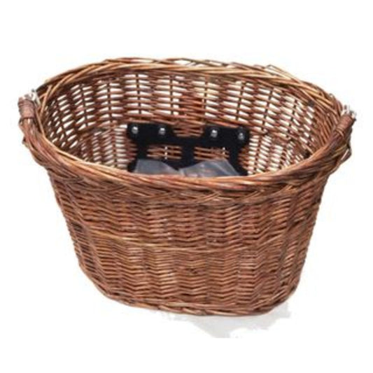Wicker front basket featuring a quick-release mechanism and handle, measuring 350mm x 260mm x 220mm.