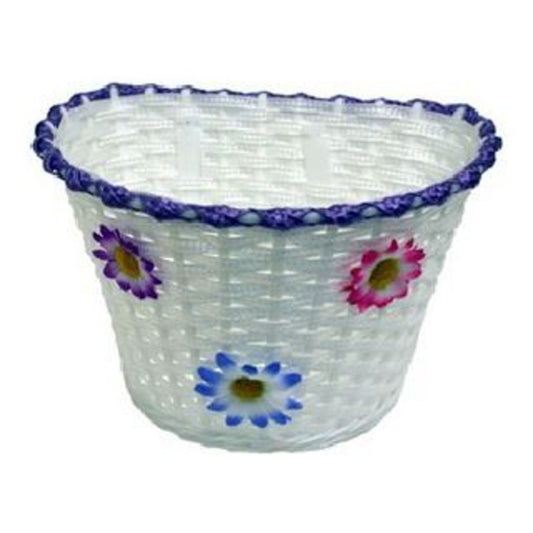 Flinger Kids White Woven Bike Basket featuring Lilac/Purple Stripes and Floral Designs for 12-16" Bikes.