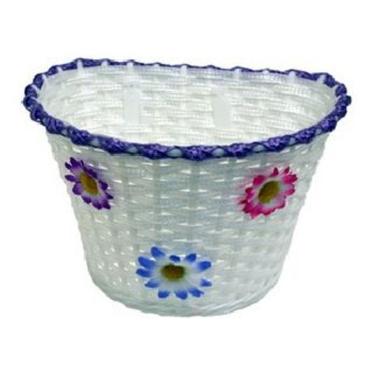 Flinger Kids White Woven Bike Basket featuring Lilac/Purple Stripes and Flowers, suitable for 12-16" Bikes.