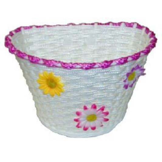Flinger Kids White Woven Bike Basket featuring a Magenta Stripe and Floral Design for 12-16" Bicycles.