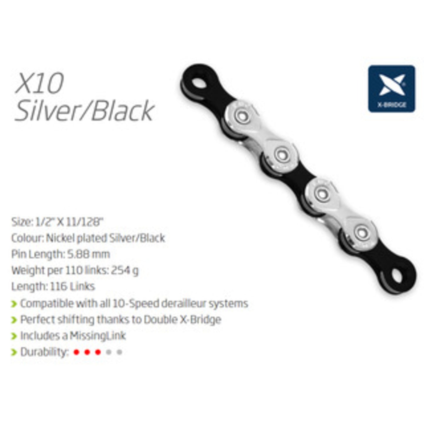 KMC X10 10-Speed Chain - 116 Links - Silver and Black