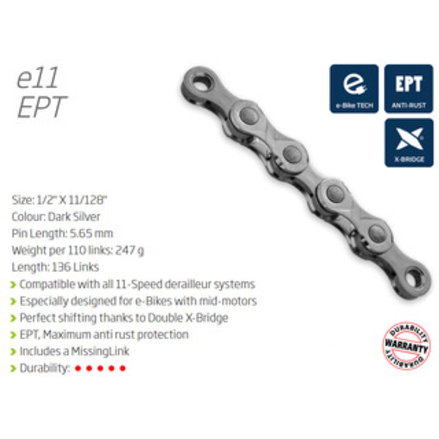 KMC E11 EPT 11-Speed Chain designed for E-bikes.