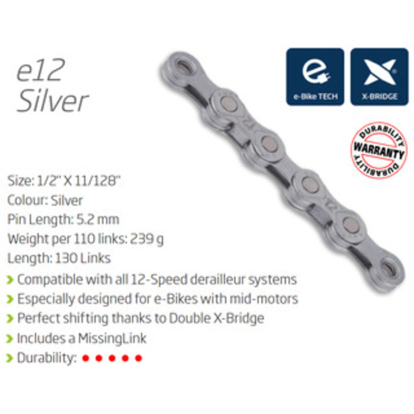 KMC E12 12-Speed Electric Bike Chain - High Torque