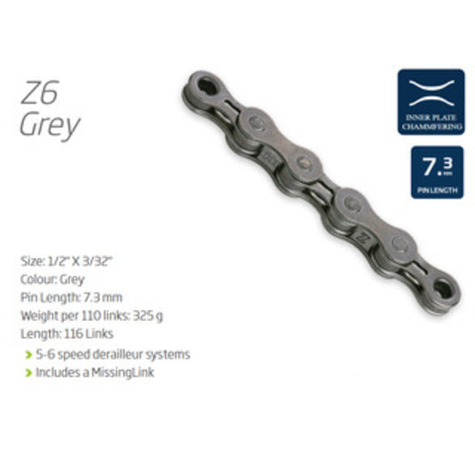 KMC Z6 116L Chain for 5 to 7 Speed Bicycles - Gray with Connection Link