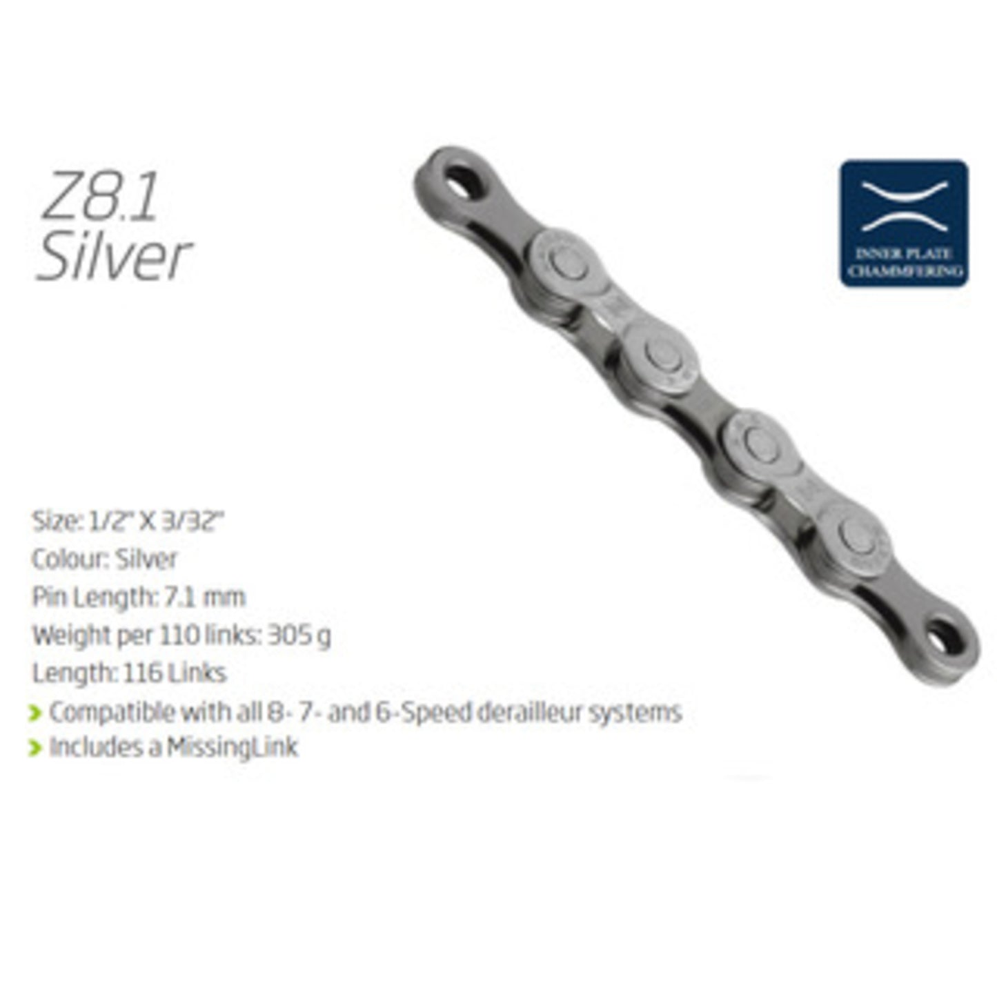 KMC Z8.1 Chain - Silver for 6 to 8 Speed with Connect Link