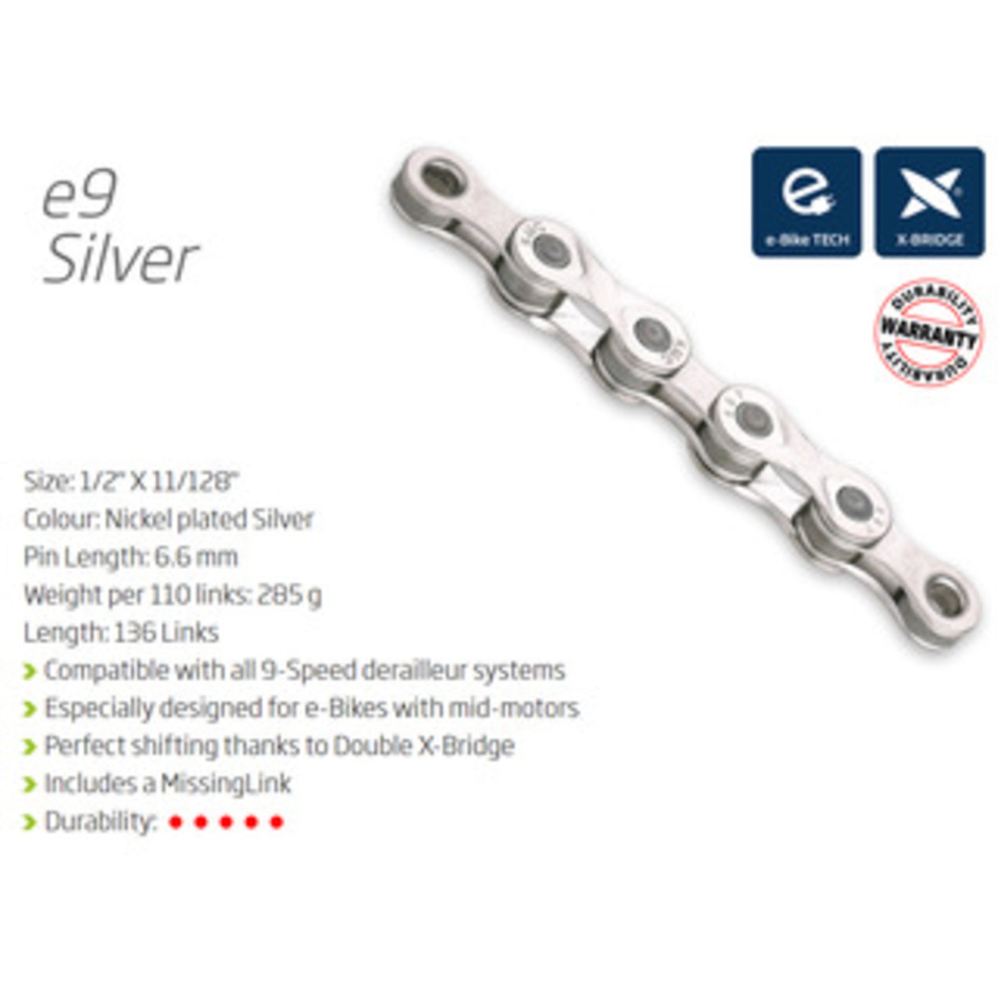 KMC E9T 9-Speed Electric Bike Chain - Enhanced Pin Strength