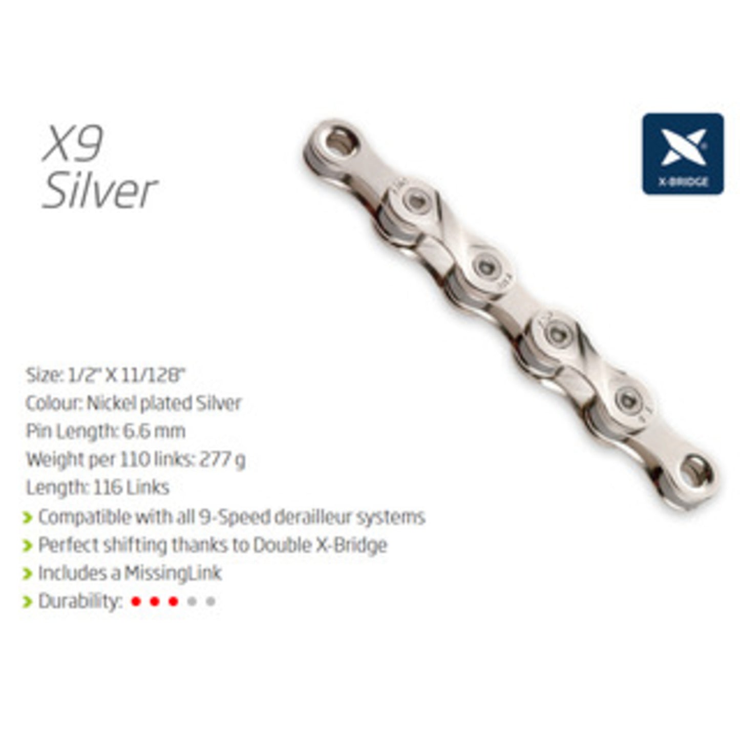 KMC X9 9-Speed Chain featuring a Connect Link - Silver.