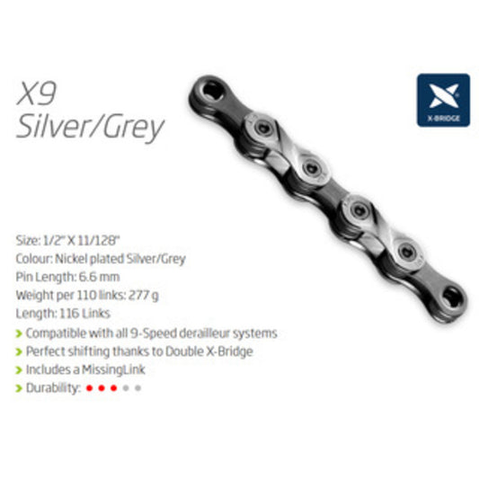 KMC X9 9-Speed Chain featuring a Connect Link - Silver/Grey.