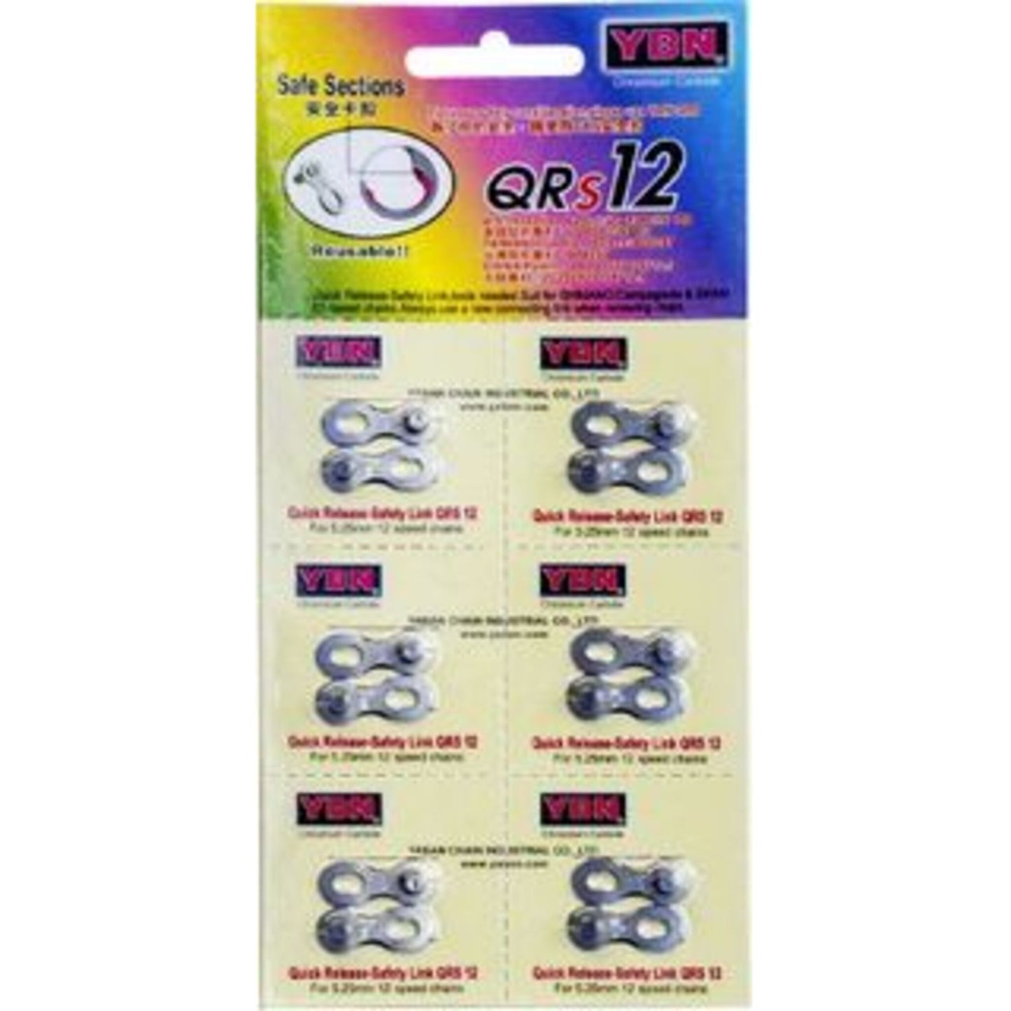 YBN Quick Fix Chain Connector, 12-Speed, Silver, 6 pieces per card, 1/2 x 11/128 size.