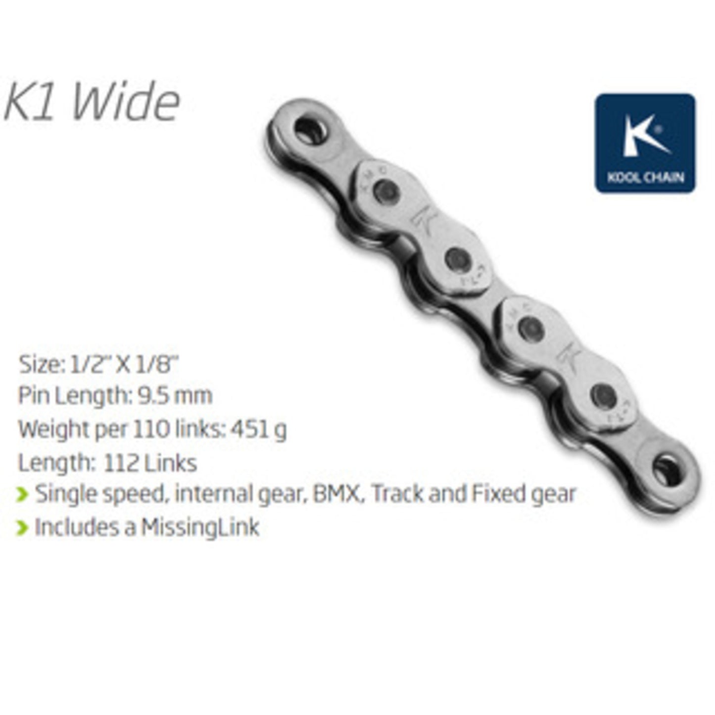 KMC K1 Wide Single Speed Chain - 112 Links, Freestyle, Silver and Silver.