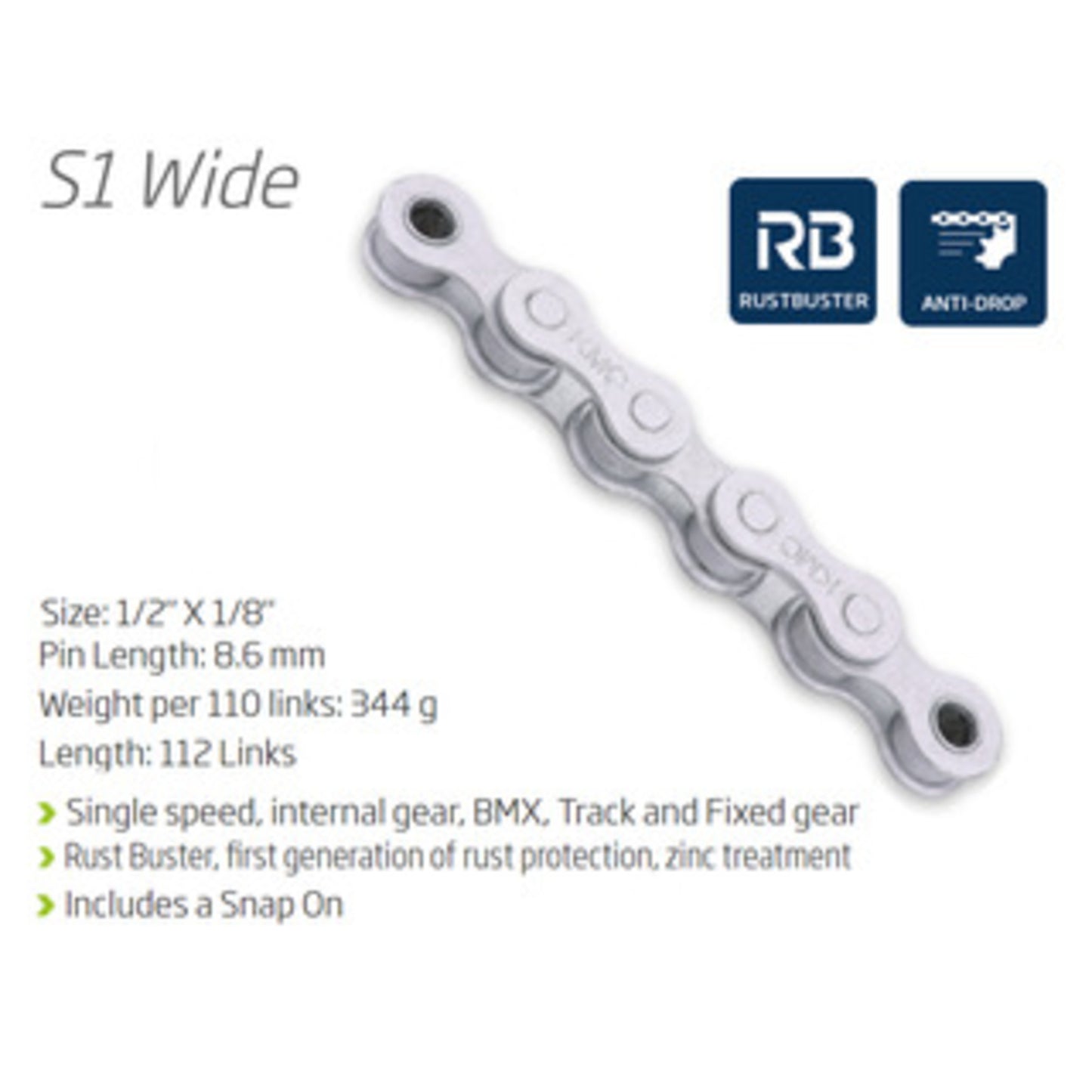 KMC S1 RB Single Speed Chain - Grey with Anti-Rust Protection