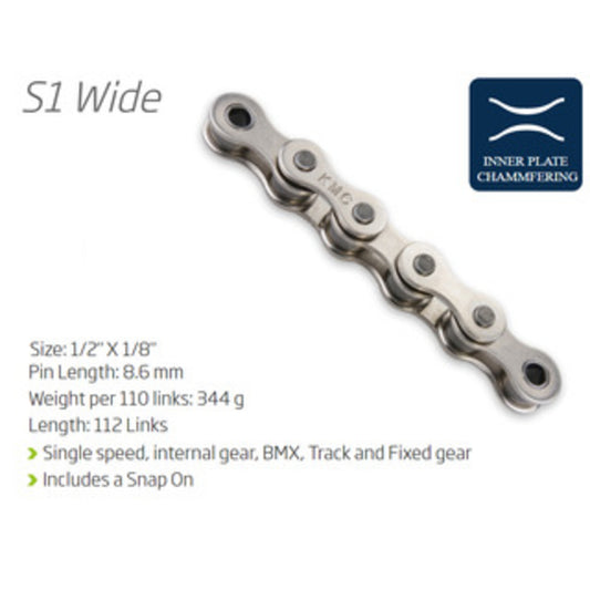 KMC S1 Chrome Finish Chain - 1/2 x 1/8 x 112 Links in Silver/Silver.