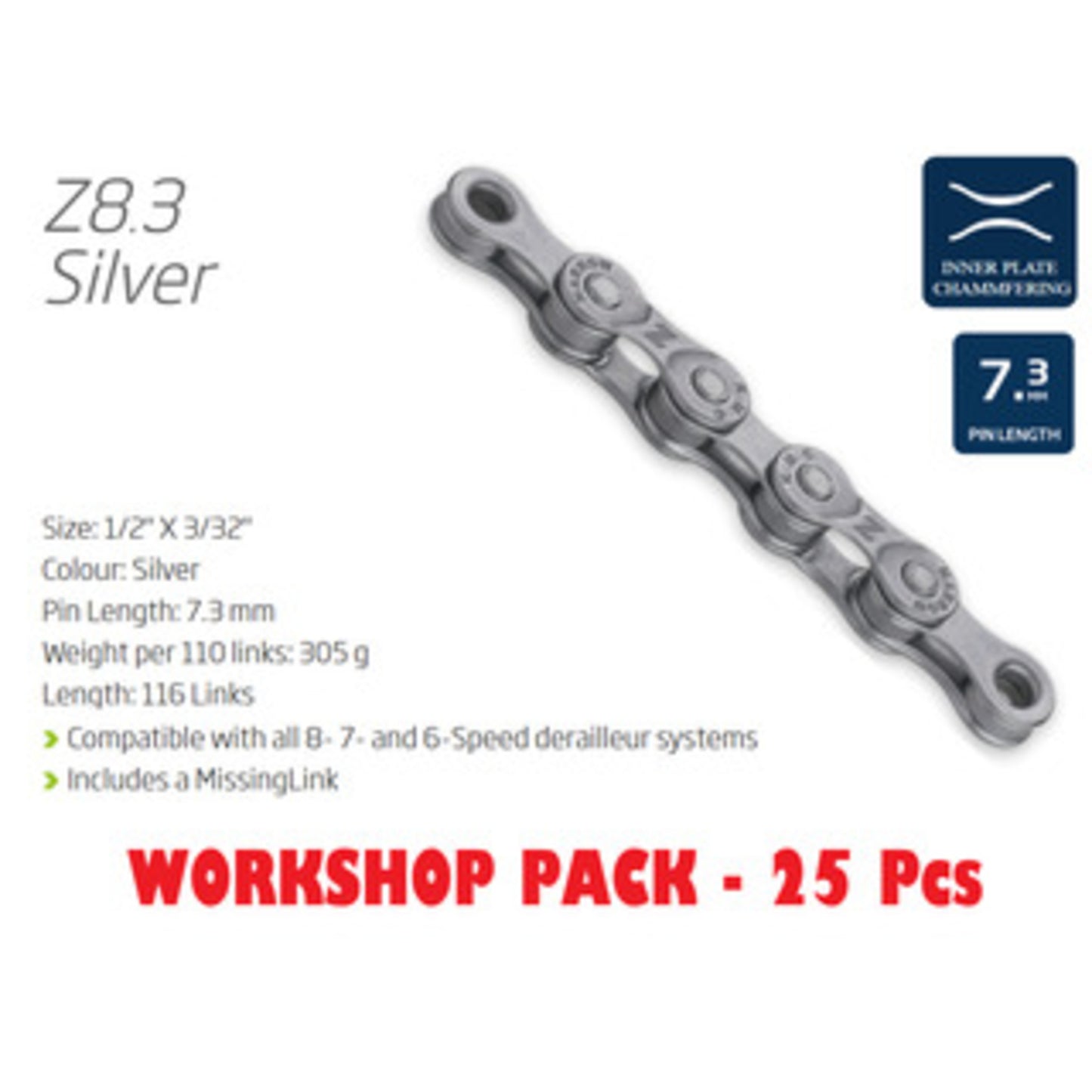 KMC Z8.3 Chain Workshop Box - 6-8 Speed, 116 Links, Silver, includes Connect Link & 25 Chains.