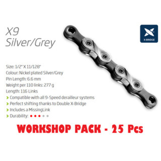 KMC X9 9-Speed Chain Workshop Kit featuring 25 Chains and a Connect Link - Silver/Grey
