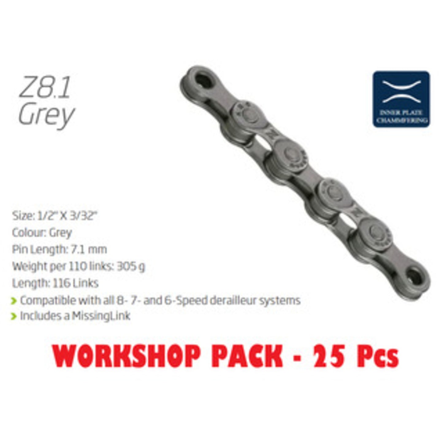 KMC Z8.1 Chain Workshop Box - 6-8 Speed, 116 Links, Grey, includes Connect Link and 25 Chains.